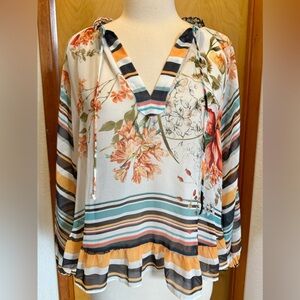 dRA Los Angeles Floral Striped Chiffon Blouse
